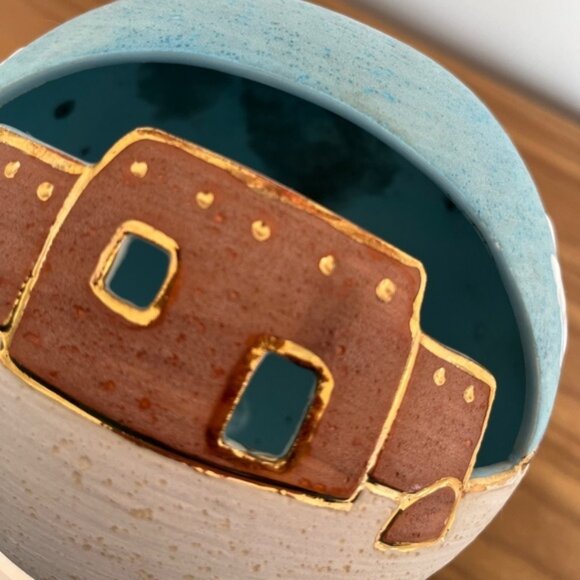 VERA RUSSELL Signed Vase Pottery Southwestern Decor Cut Out 22kt Gold Detail - Picture 11 of 13